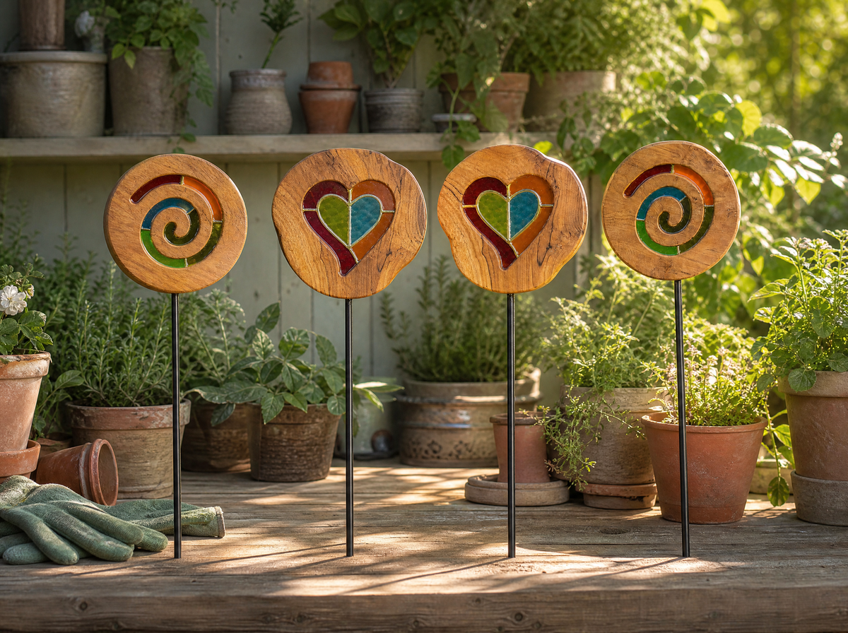 Mirthwick heart and spiral garden stakes beside potted plants