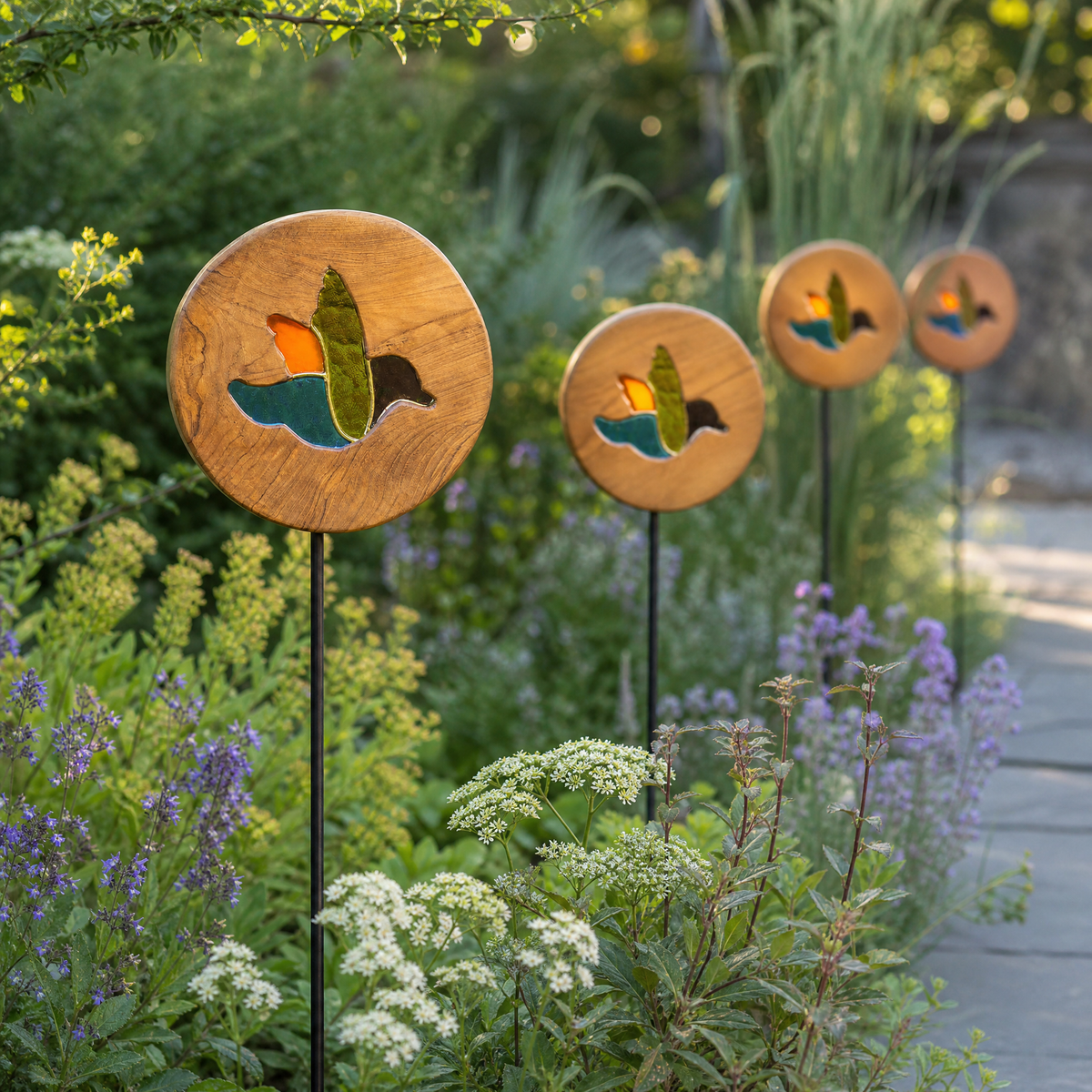Four Mirthwick bird garden stakes in a planted garden border