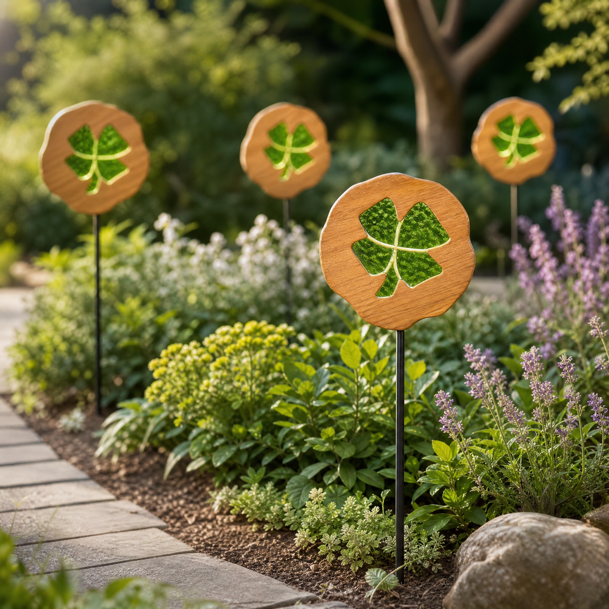 Four Mirthwick clover garden stakes in a planted garden border