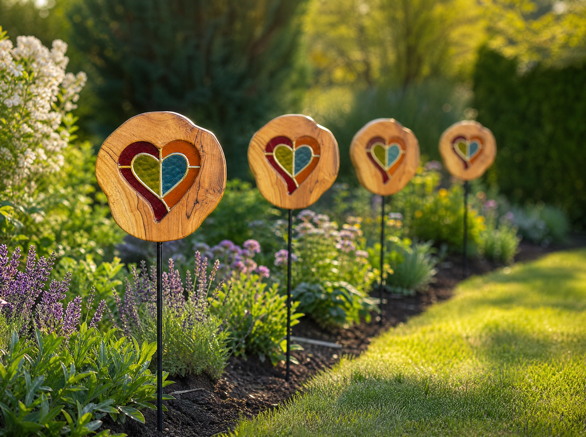 Four Mirthwick stained-glass heart garden stakes in a planted garden border