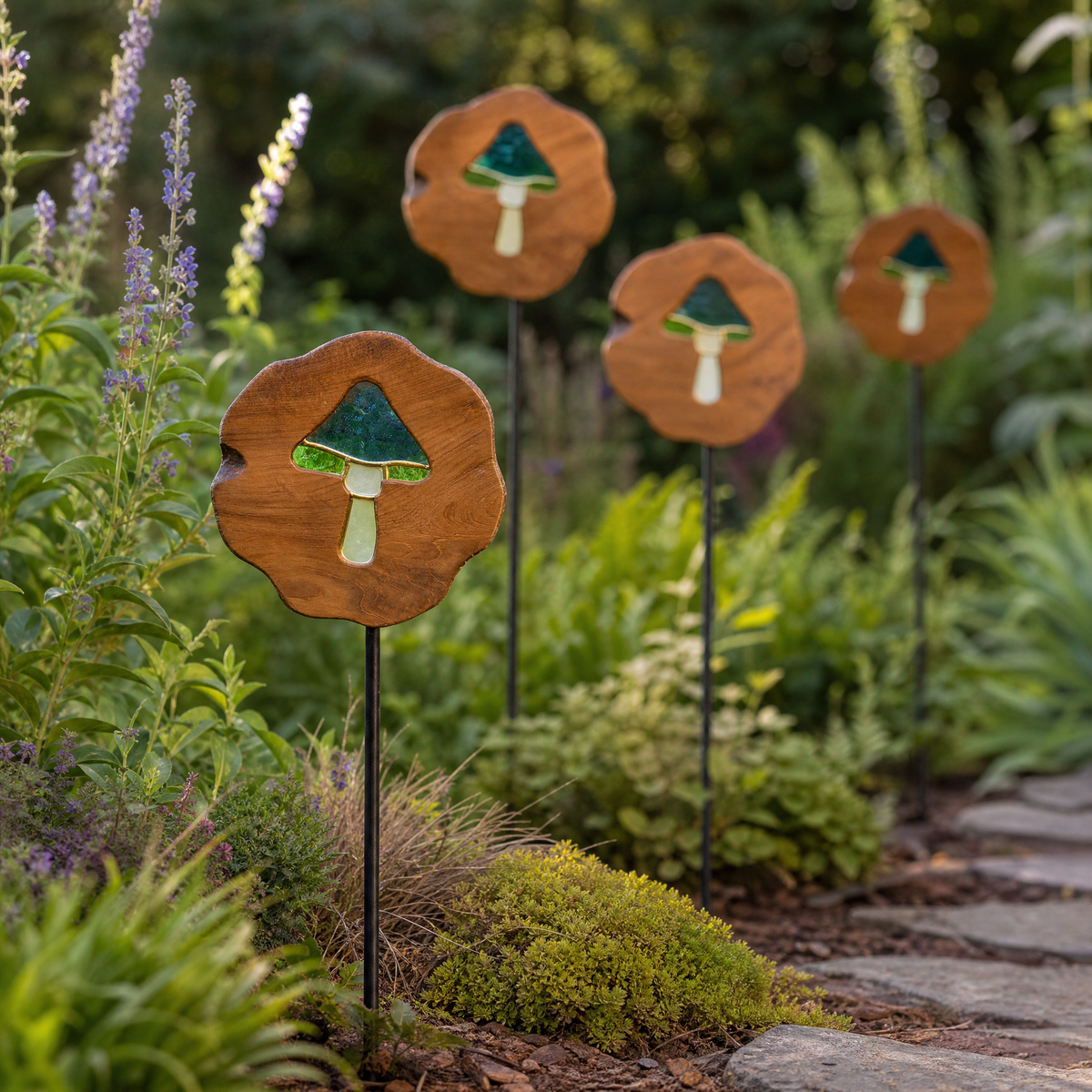 Four Mirthwick mushroom garden stakes in a planted garden border