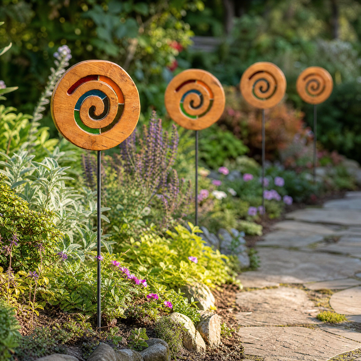 Four Mirthwick spiral garden stakes in a planted garden border