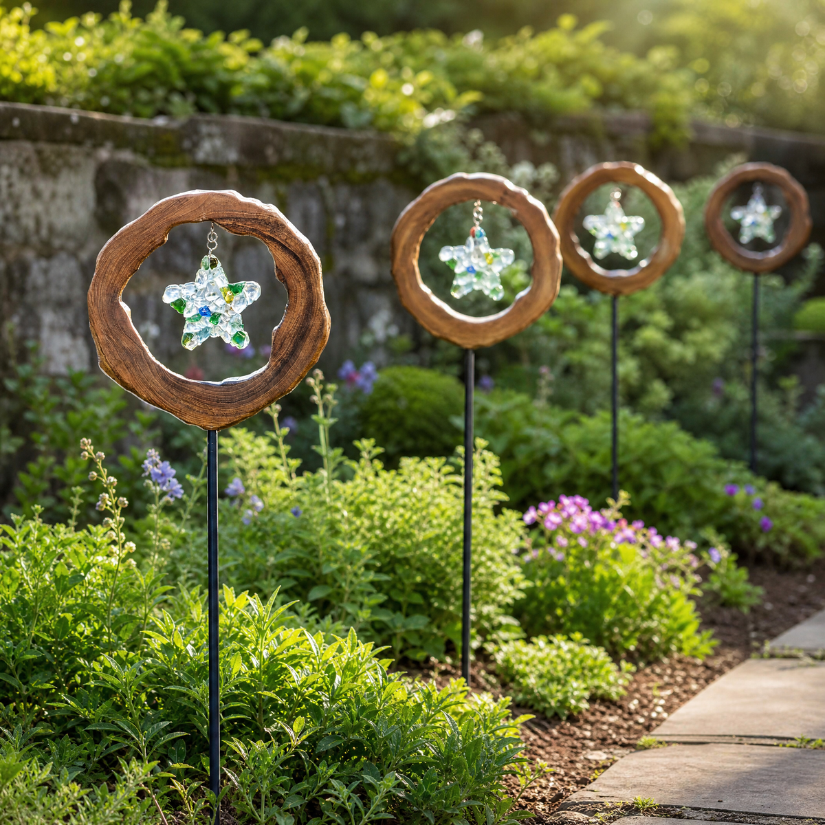 Four Mirthwick star garden stakes in a planted garden border